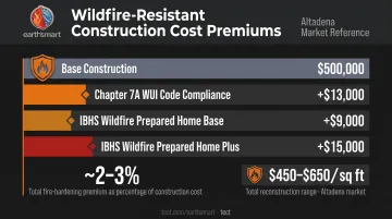 WUI wildfire resistant construction cost premiums Chapter 7A IBHS standards incremental breakdown