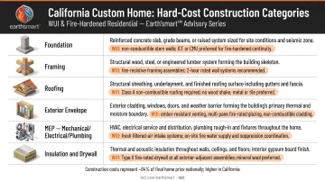 California custom home construction cost breakdown by category structure systems envelope finishes