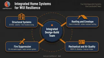 Integrated WUI fire-resistive home systems diagram showing four interdependent building systems