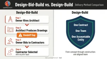 Design-bid-build four-step sequence versus design-build unified contract comparison