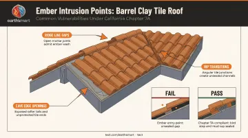 Clay tile roof ember intrusion gap vulnerabilities and required sealing details diagram