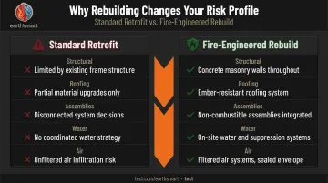 Wildfire-engineered rebuild versus standard retrofit comparison of fire performance systems