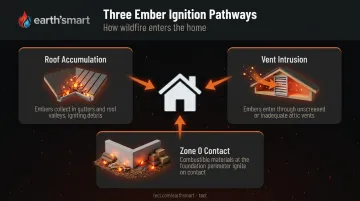 Three ember ignition pathways threatening WUI homes roof vents and Zone 0