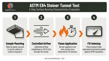 4-step ASTM E84 Steiner Tunnel Test process flow for flame spread index measurement