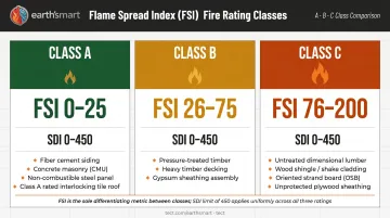 Class A B C fire rating comparison chart showing flame spread index ranges and building applications