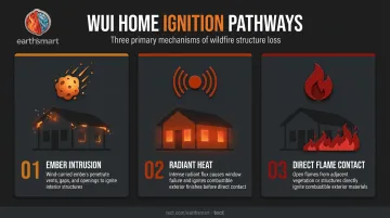 Three WUI home ignition pathways ember intrusion radiant heat direct flame contact