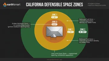 California defensible space three zone diagram Zone 0 Zone 1 Zone 2 requirements