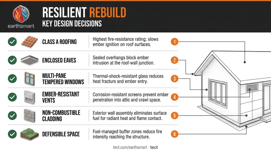 Six wildfire resilient home design elements checklist for WUI rebuild compliance