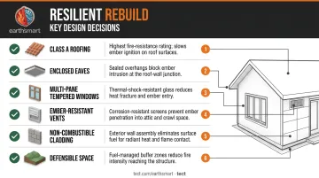 Six wildfire resilient home design elements checklist for WUI rebuild compliance