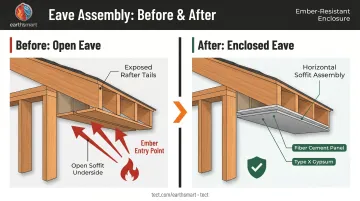 Retrofit eave enclosure process showing open eave to enclosed fire-rated soffit conversion
