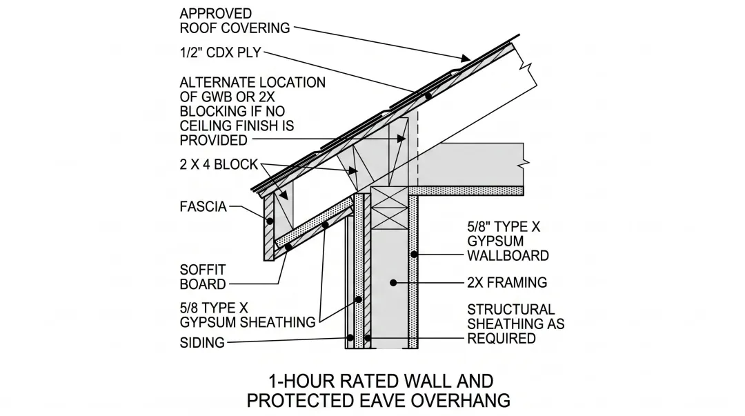 Fire-rated soffit assembly cross-section showing gypsum sheathing and fiber cement layers