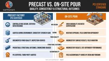 Precast versus on-site concrete quality control comparison infographic
