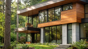 Modern precast concrete home with timber details and large glass panels
