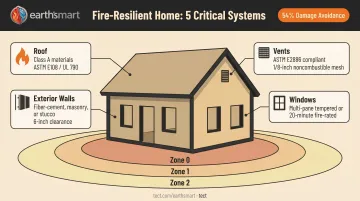 Wildfire-resilient home system diagram showing five key fire-hardening components and defensible zones