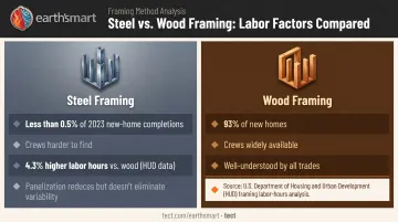 Steel frame versus wood frame labor market availability and cost comparison infographic