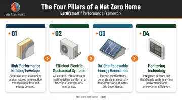 Four pillars of net zero home design process flow infographic