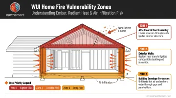 WUI home cross-section diagram showing highest fire risk insulation priority zones and ember entry points
