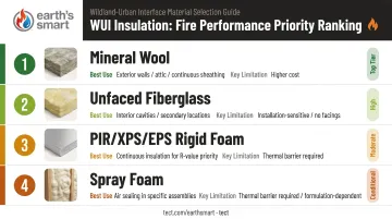 WUI insulation material priority ranking from mineral wool to spray foam with use cases and limitations