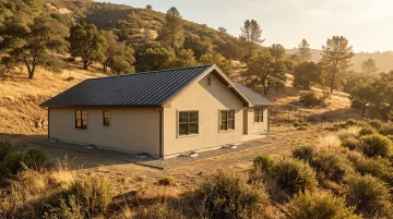 Wildland-Urban Interface home with fire-resistive exterior assembly and ember-resistant vents
