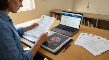 Homeowner organizing wildfire mitigation documentation binder for insurance submission