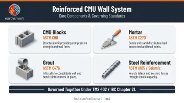 Four core CMU wall material components and ASTM standards infographic