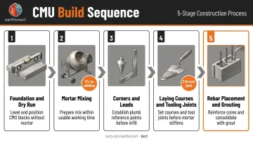 CMU wall build sequence five-stage process from foundation to grouted reinforced wall