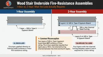 1-hour versus 2-hour stair assembly gypsum layer requirements side-by-side comparison