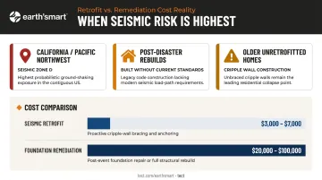 Seismic risk factors and retrofit cost comparison infographic for residential homes