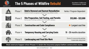 Five-phase wildfire rebuild cost breakdown from debris removal to final site work