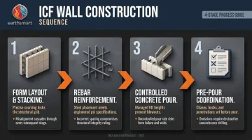 Four-stage ICF construction process from form layout to pre-pour coordination