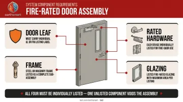 Four-component fire-rated door assembly system diagram with certification labels