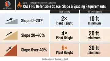 CAL FIRE defensible space slope spacing requirements comparison table infographic