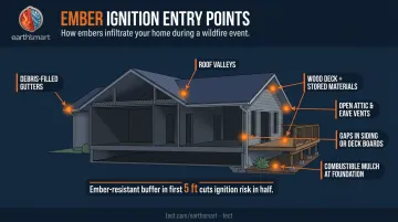Six common ember ignition entry points on a home diagram