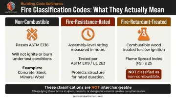 Three fire resistance code terms non-combustible fire-rated and FRT compared side by side