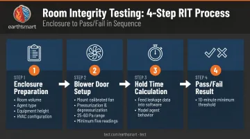 4-step room integrity testing process flow from preparation to hold time result