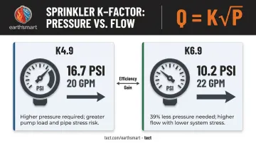 K-factor sprinkler head pressure versus flow output comparison infographic for fire system design