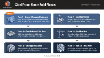 Six-phase steel frame luxury home building process from engineering to finish work