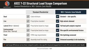 ASCE 7-22 structural load categories comparison chart for residential and WUI projects