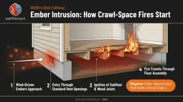 WUI crawl space ember intrusion pathway diagram showing underfloor wildfire risk