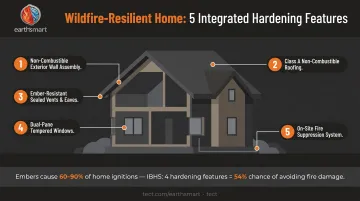 Wildfire-resistant home cross-section showing five key resilience design features