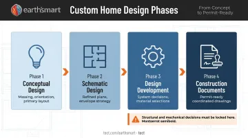 Four-phase custom home design process flow from concept to construction documents