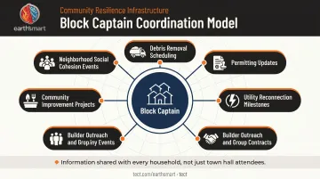 Block Captain wildfire recovery coordination model six community responsibilities infographic