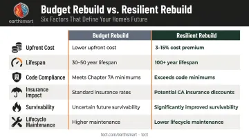 Budget rebuild versus resilient rebuild side-by-side comparison across six key factors