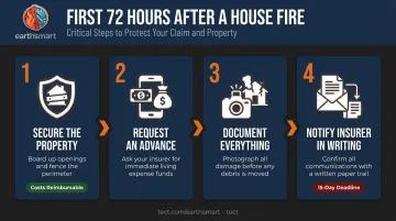 Four-step fire claim first 72 hours action checklist process flow infographic