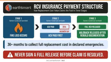 RCV insurance payment structure showing ACV holdback and rebuild reimbursement timeline