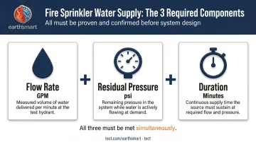 Three components of compliant fire sprinkler water supply flow rate pressure duration