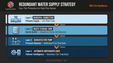 Four-layer combined redundant fire sprinkler water supply strategy for WUI homes