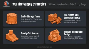 Four WUI home fire sprinkler water supply strategies beyond code minimums infographic