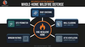 Whole-home wildfire defense system five interconnected exterior protection components