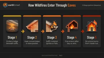 5-step wildfire eave ignition sequence from ember entry to attic burn